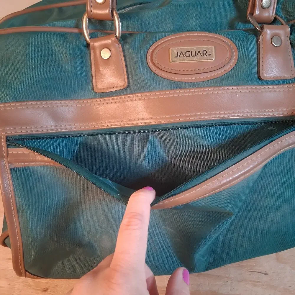 Vintage Jaguar Canvas Leather Duffle Bag Green Medium Large 90s Travel Luggage